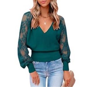 *Like New* Women's Long Sleeve Ribbed V-Neck Lace Sweater in Dark Teal